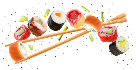 Sushi rolls and wooden chopsticks flying on white background © New Africa