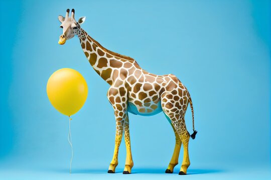 Full-Length Yellow Giraffe Posing With A Yellow Balloon Isolated On A Light Blue Background. Birthday Safari Party Theme. Generative AI