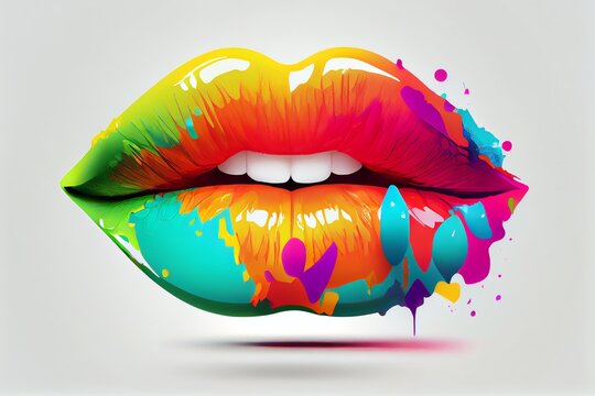 Isolated Bright Colorful Plump Lips. Generative AI