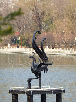 Sculpture of Rosefinch, a sacred beast in the Yellow River landscape in China