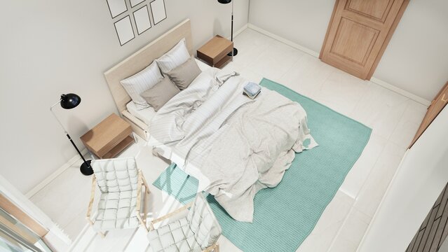For a small bedroom.
It includes a king-size bed, wooden chair, bed side table 
in headboard, it has adjustable reader lamp, 3D render, 3D illustration.