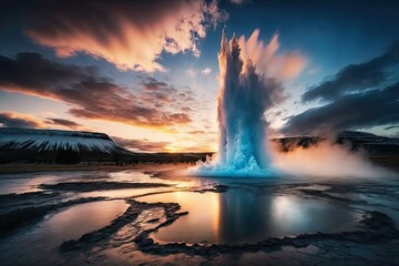 Geyser eruption in a national park, pink clouds in the background at sunset. Generative AI.  - obrazy, fototapety, plakaty