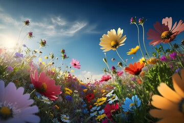 Fototapeta na wymiar Spring landscape with flowers. Generative AI
