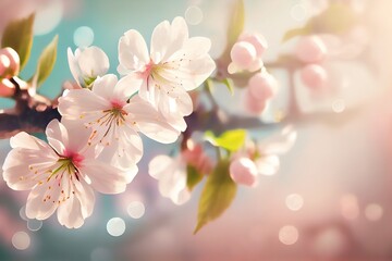 Sakura Cherry Blossom In Spring, Banner In Pastel Colors With Bokeh Delicate Effect. Technology. Generative AI