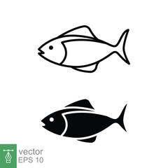 Fish icon set. Simple line and silhouette symbol. Sea life, fresh salmon, tuna, pisces, nature concept for food template design. Vector illustration isolated on white background. EPS 10.