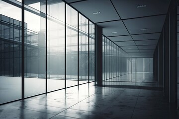Empty hall in an office building with floor to ceiling glass windows. Generative AI. 