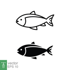 Fish icon set. Simple line and silhouette symbol. Sea life, fresh salmon, tuna, pisces, nature concept for food template design. Vector illustration isolated on white background. EPS 10.