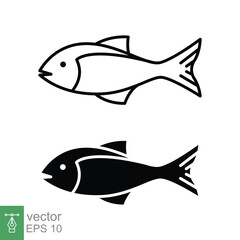 Fish icon set. Simple line and silhouette symbol. Sea life, fresh salmon, tuna, pisces, nature concept for food template design. Vector illustration isolated on white background. EPS 10.