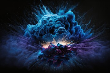 Obraz premium Blue and purple powder color explosion isolated on black background. Generative AI. 