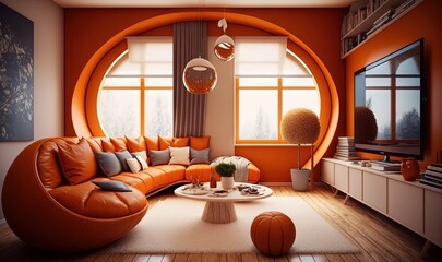  a living room with orange walls and a large round window.  generative ai