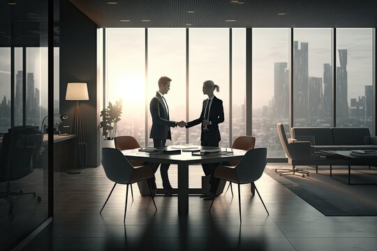 A handshake between to business people making a deal in a modern glass office with views of the city  in the background. Generative AI. 