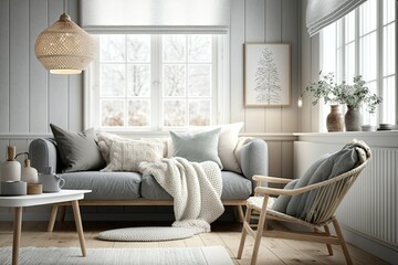 Cozy bright Scandinavian style living room in grey and white colors. Generative AI. 