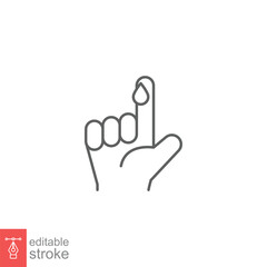 Blood on finger line icon. Vector people hand injured isolated symbol. Glucose, insulin test, diabetes concept. Simple outline style. Sign illustration on white background. Editable stroke EPS 10.