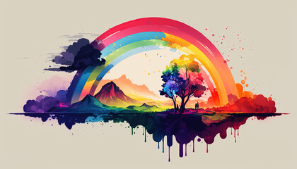 Obraz premium Rainbow above a forest - Watercolor - Generative AI Art