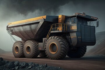 Obraz premium 3D render of a large dump truck on the quarry grounds, stormy sky in the background. Generative AI. 