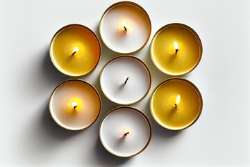 Top View Of Six Burning Candles On white Background. Generative AI