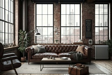 Rustic style living room with leather sofa and brick wall. Generative AI. 