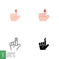 Blood on finger icons in different style. Vector people hand injured isolated symbol. Glucose, insulin test, diabetes concept. Designed in filled outline, line, flat, glyph and solid style. EPS 10.