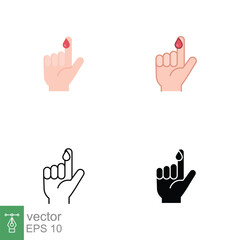 Blood on finger icons in different style. Vector people hand injured isolated symbol. Glucose, insulin test, diabetes concept. Designed in filled outline, line, flat, glyph and solid style. EPS 10.