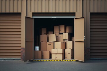 Small warehouse overflowing with cardboard boxes. Generative AI. 