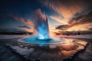 Geyser eruption with pink sunset in the background. Generative AI. 
