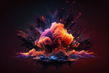 A cloud ow bursting powder colors on a purple dark background. Generative AI. 