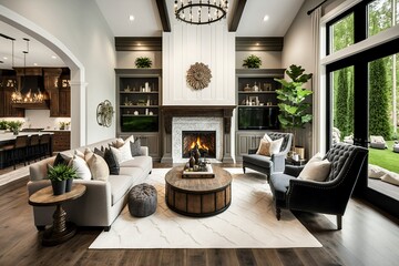 Farm house luxury style living room with a fireplace and a sconce hanging from the ceiling. Generative AI. 