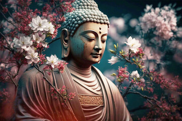 Buddha statue with cherry white blossom. Mediation and zen concept, generative ai