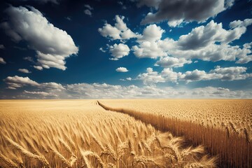Wheat field and a sky with blue clouds on a sunny sumer day. Generative AI. 