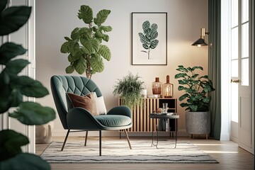 Velvet green armchair and a print of plant framed on the wall in the background. Generative AI. 