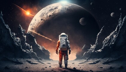 Fototapeta na wymiar Astronaut Looking to Another Planet Space Science Photo Wallpaper Generative AI