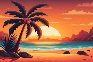Fototapeta na wymiar Sunrise or sunset on a tropical beach with a coconut palm in the background. Generative AI