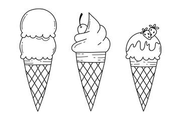 Set of ice creams in doodle style. Vector illustration. Linear style. Ice cream in a waffle cone with tubers.