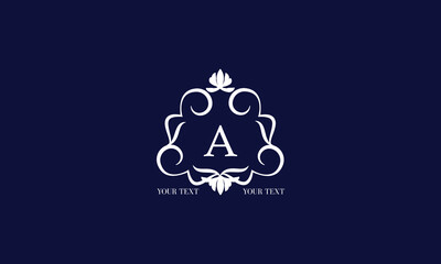 Luxury calligraphic logo with decorative frame and centered letter A. Floral monogram template for restaurant, royalty, boutique, cafe, hotel, heraldry, jewelry, fashion.