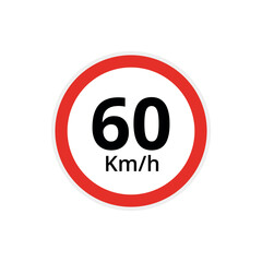 Vector illustration of 60 kilometers per hour speed limit sign, traffic sign flat icon.