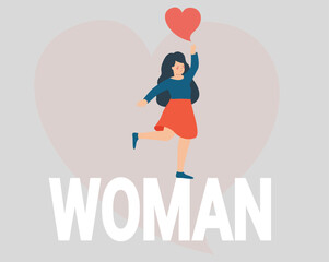 Happy girl holds a big heart and dance with joy. Young woman stands on a large text and celebrates international women's day on 8 march. Female supports feminist movement. Women's empowerment concept.