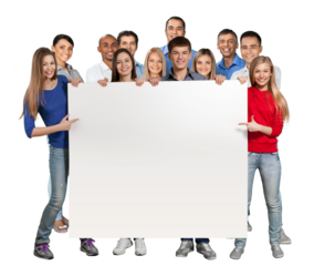 Group of young people holding big empty banner isolated on white background