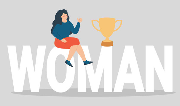 Happy woman sits next to a big prize on a large text and says "hello". Female stands with women and celebrates international women's day on 8 march. Feminist movement, Women's empowerment concept.