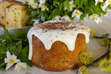easter cake with eggs and flowers, easter cake with cream close up