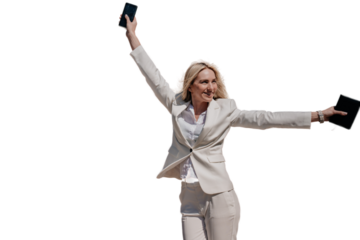 Freedom! Independent young blonde Italian woman in white suit spread hands in a winner expression holding diary and phone transparent background. Successful lawyer celebrates win. Business and finance