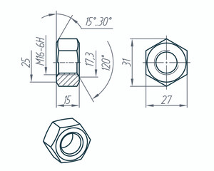Nut drawing. Technical vector illustration. Main view, side view and 3D isometric view. Hexagon-shaped fastener with a threaded hole for fixing the bolted connection.