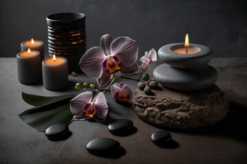 Fototapeta na wymiar illustration, spa stones and orchids and candles on a gray table, ai generative