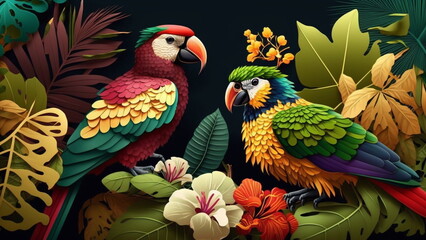 Tropical birds , colorful parrots and exotic flowers with Generative AI