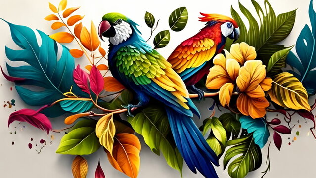 Tropical birds , colorful parrots and exotic flowers with Generative AI