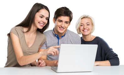 Teenager young cute happy friends using a laptop computer