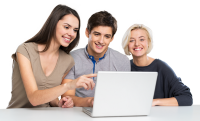 Teenager young cute happy friends using a laptop computer