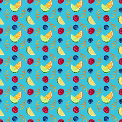 Seamless fruits and berries pattern, Fruit mix background, Watercolor orange, blueberry, raspberry, lime