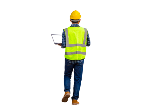Back view of Engineer checking project at the building site, Man in hardhat with laptop at the infrastructure construction site