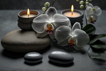 Obraz na płótnie Canvas illustration, spa stones, orchids and candles on a gray table
