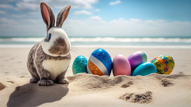 Happy Easter with Easter bunny and colourful easter eggs. Generative AI